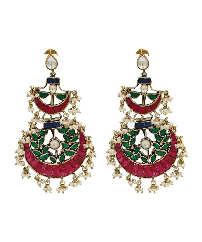 Gold plated red green stones chandbali earrings