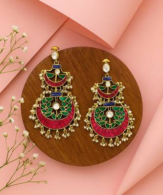 Gold plated red green stones chandbali earrings 2