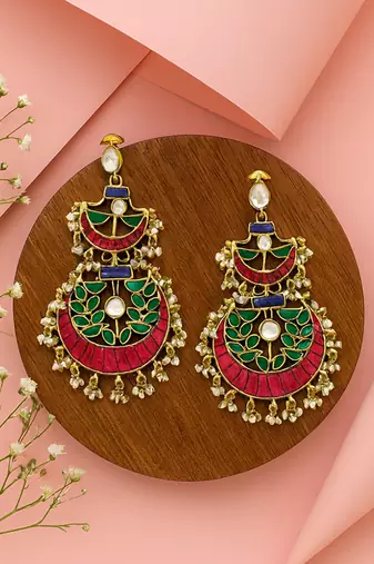 Gold plated red green stones chandbali earrings