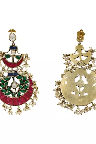 Gold plated red green stones chandbali earrings