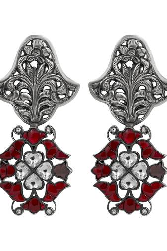Silver plated red stone drop earrings