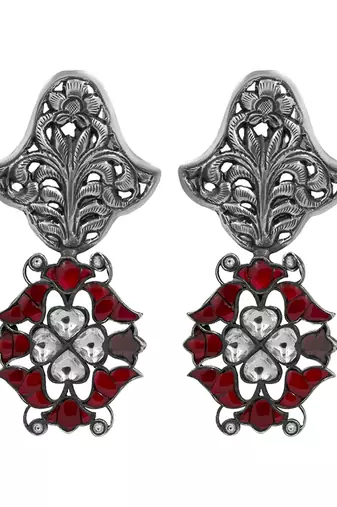 Silver plated red stone drop earrings