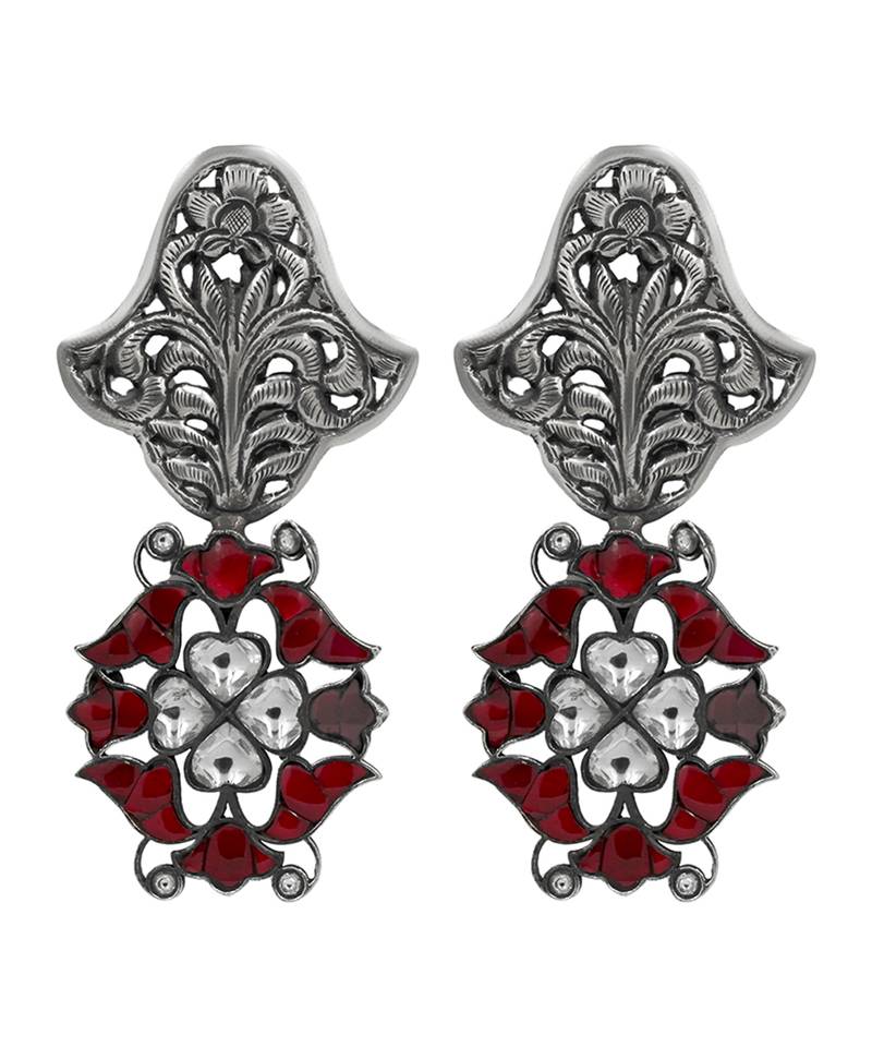 Silver plated red stone drop earrings