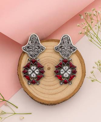 Silver plated red stone drop earrings 2
