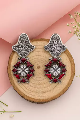 Silver plated red stone drop earrings