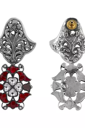 Silver plated red stone drop earrings