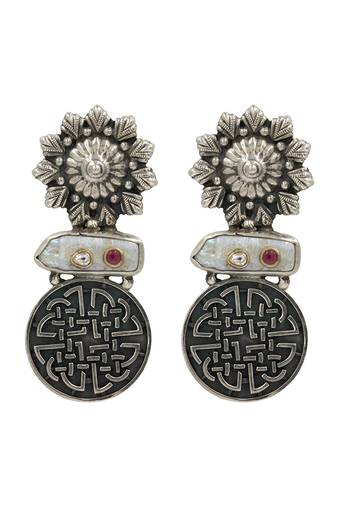 Silver plated black stone drop earrings