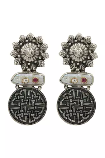 Silver plated black stone drop earrings