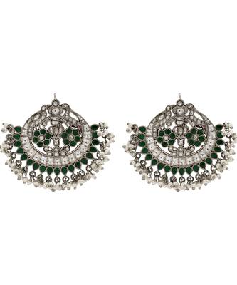 Silver plated green stone chandbali earrings 1