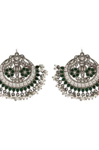 Silver plated green stone chandbali earrings