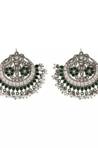 Silver plated green stone chandbali earrings