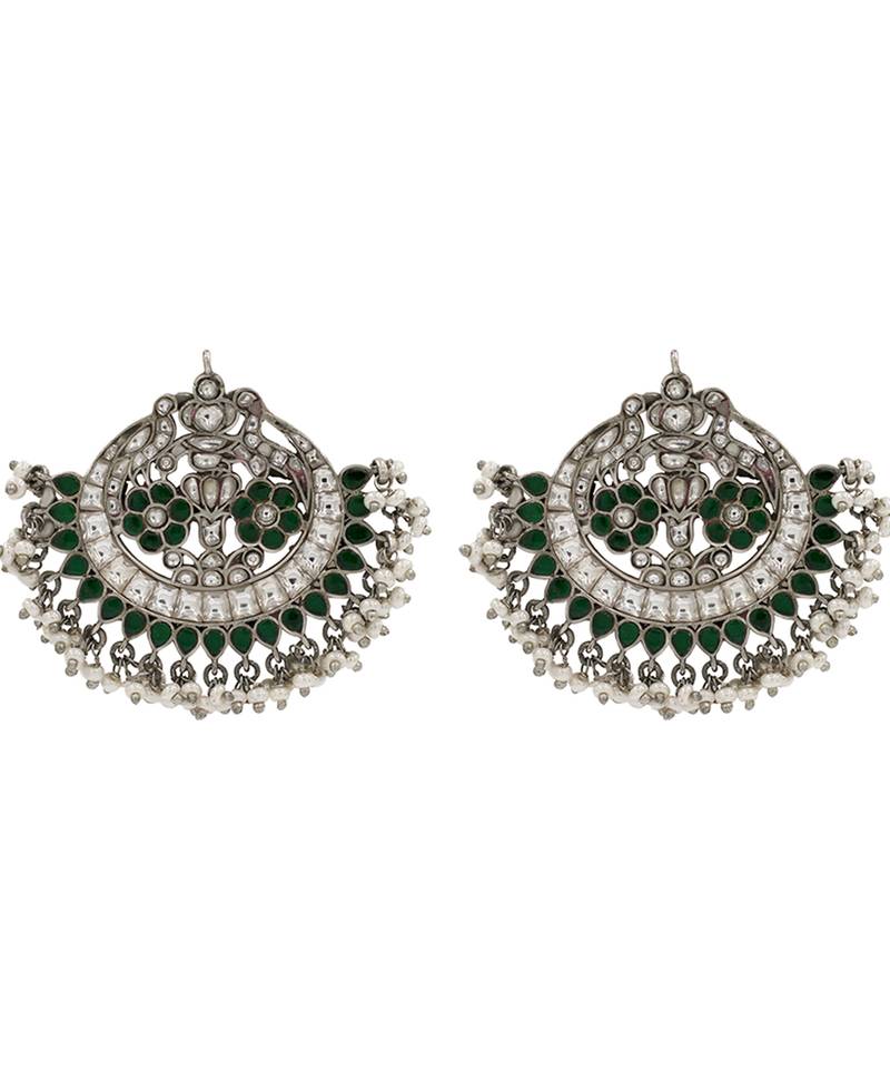 Silver plated green stone chandbali earrings