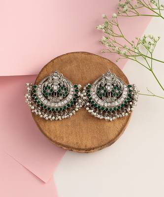 Silver plated green stone chandbali earrings 2