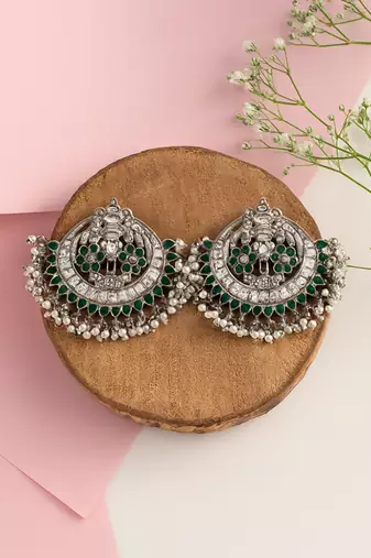 Silver plated green stone chandbali earrings