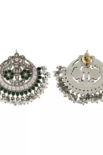 Silver plated green stone chandbali earrings