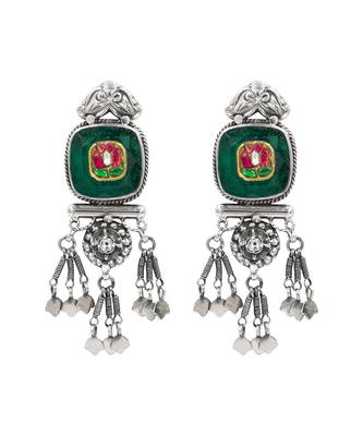 Silver plated green stone dangler earrings 1