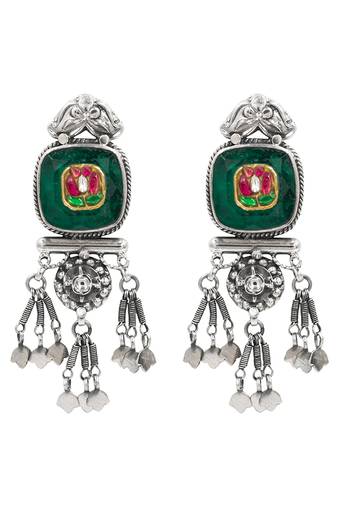 Silver plated green stone dangler earrings