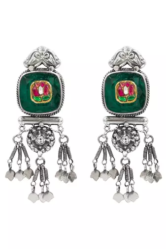 Silver plated green stone dangler earrings