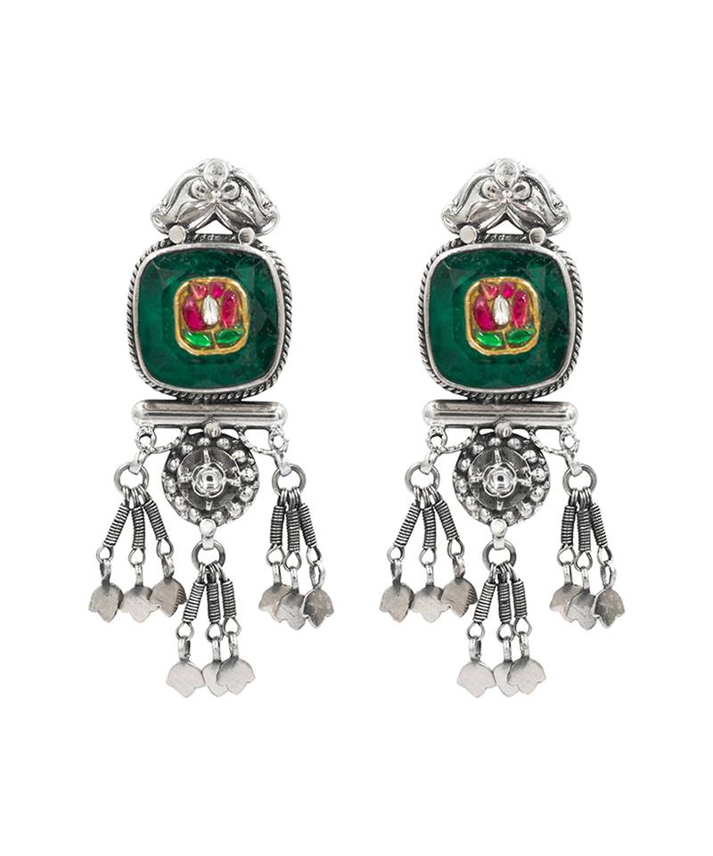 Silver plated green stone dangler earrings