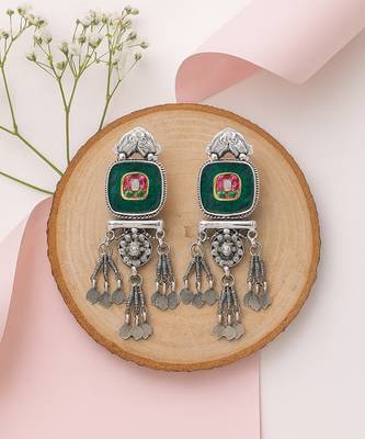 Silver plated green stone dangler earrings 2