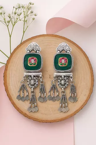 Silver plated green stone dangler earrings