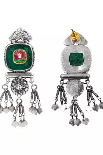 Silver plated green stone dangler earrings
