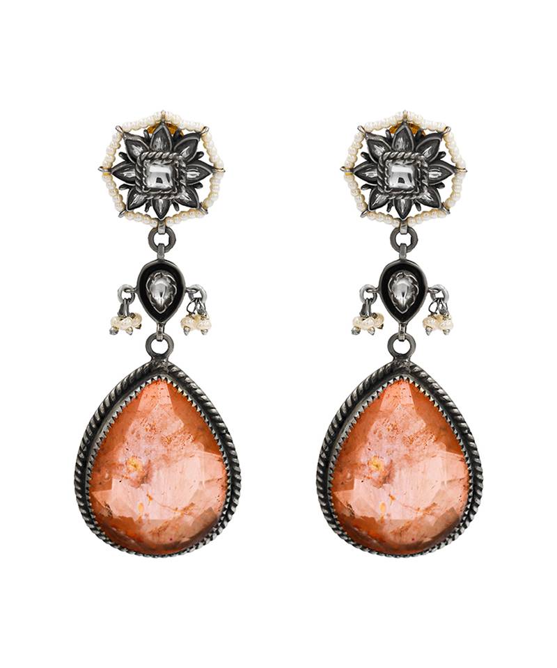 Silver plated orange peach stone dangler earrings