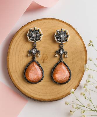 Silver plated orange peach stone dangler earrings 2