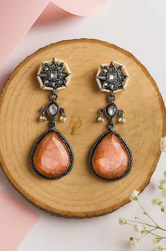 Silver plated orange peach stone dangler earrings