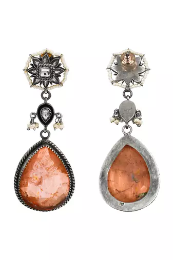 Silver plated orange peach stone dangler earrings