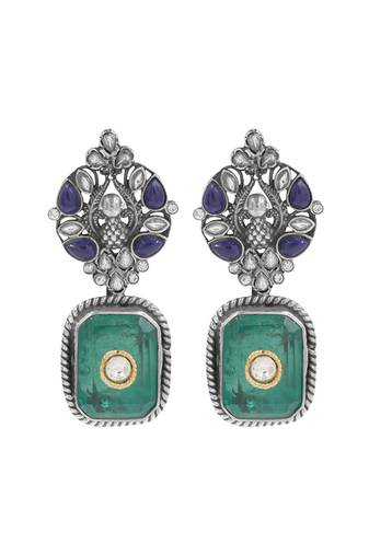 Silver plated green stone dangler earrings
