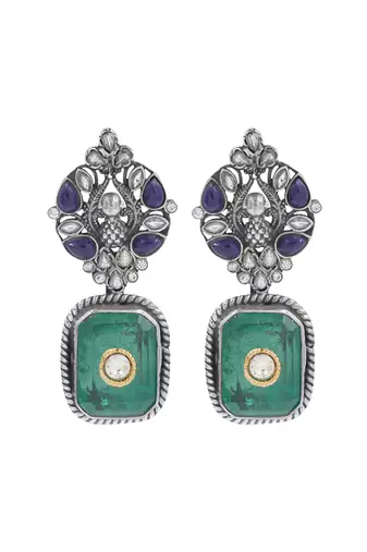 Silver plated green stone dangler earrings