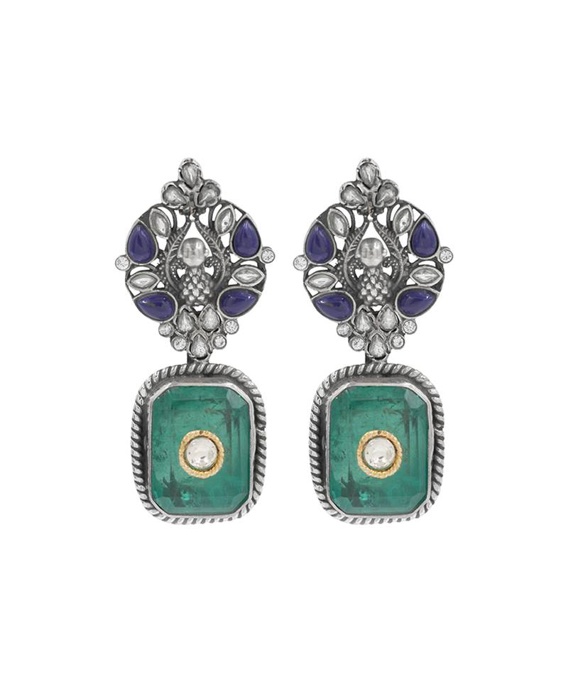 Silver plated green stone dangler earrings