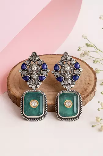 Silver plated green stone dangler earrings