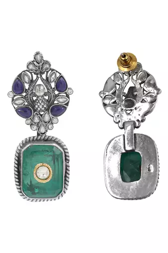 Silver plated green stone dangler earrings