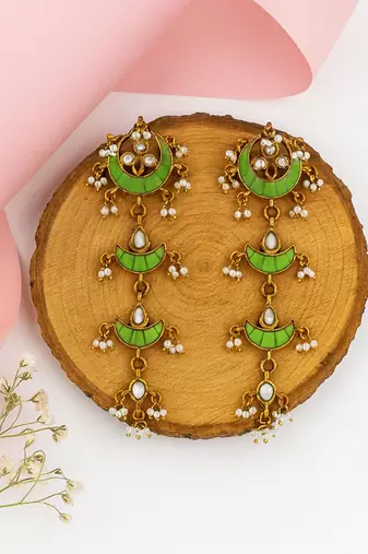 Gold plated green stones dangler earrings