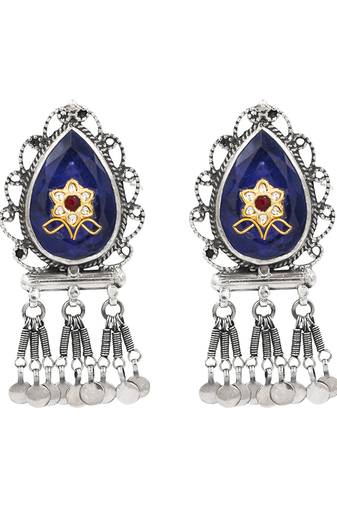 Silver plated blue stone kundan dangler earrings