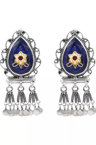 Silver plated blue stone kundan dangler earrings