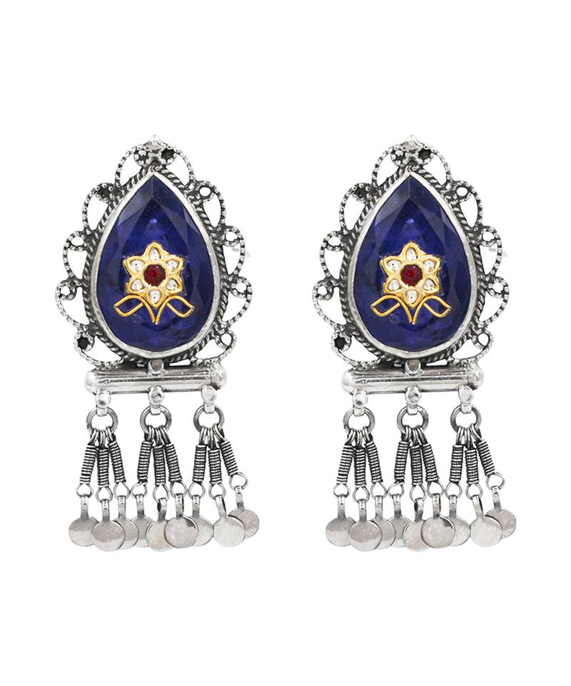 Silver plated blue stone kundan dangler earrings