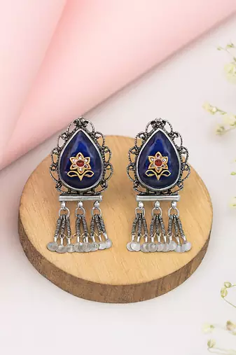 Silver plated blue stone kundan dangler earrings