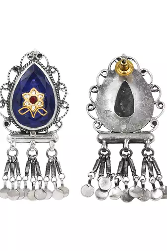 Silver plated blue stone kundan dangler earrings