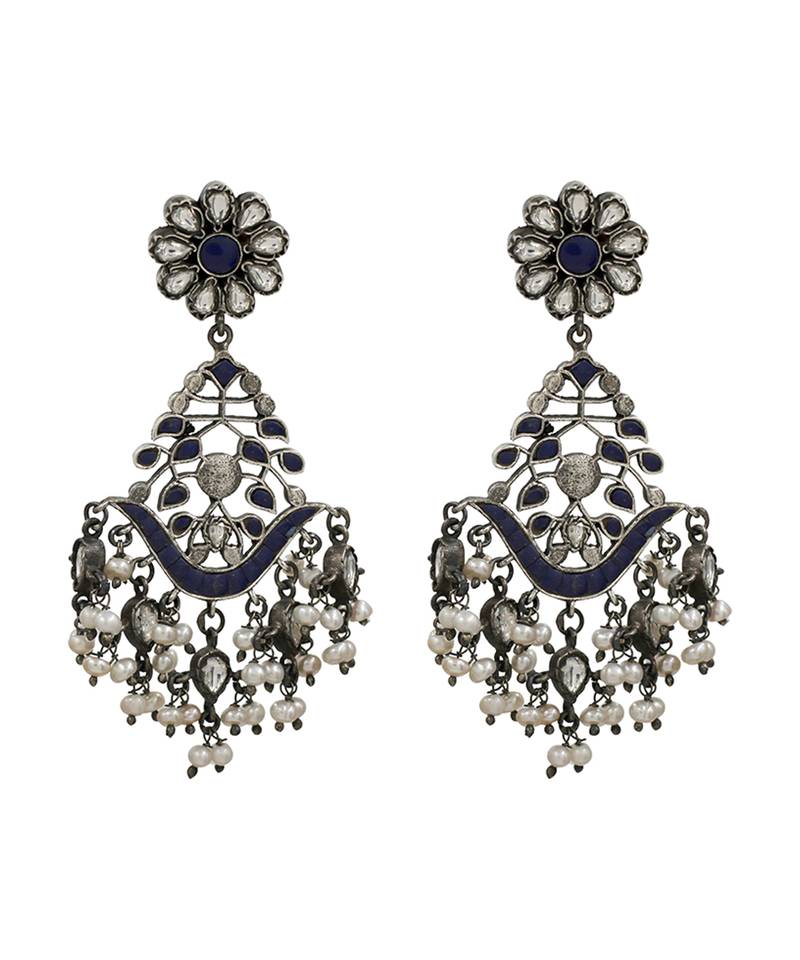 Silver plated blue stone dangler earrings