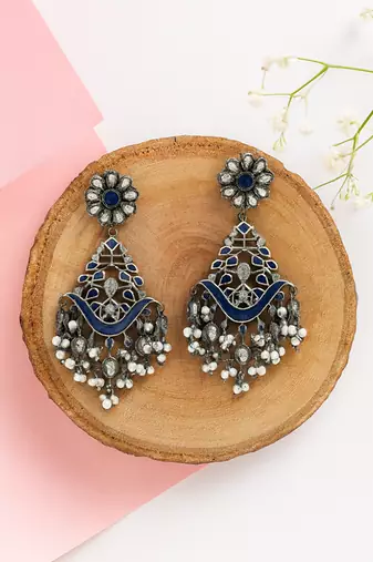 Silver plated blue stone dangler earrings