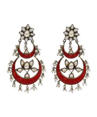 Silver plated red chandbali kundan earrings 1