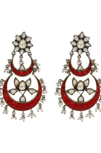 Silver plated red chandbali kundan earrings