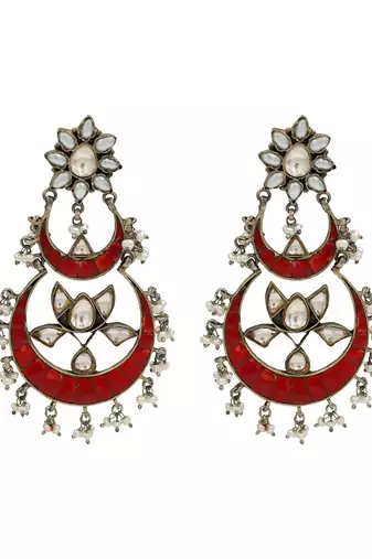 Silver plated red chandbali kundan earrings