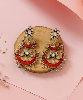 Silver plated red chandbali kundan earrings 2
