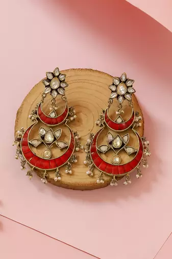 Silver plated red chandbali kundan earrings