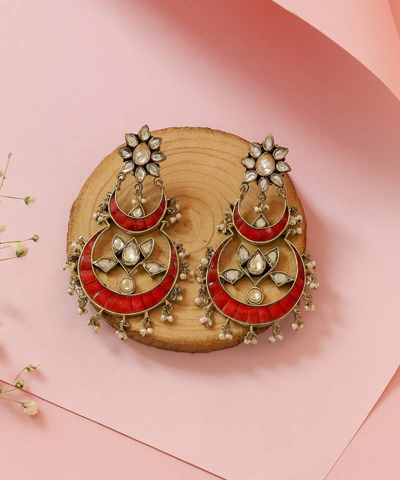 Silver plated red chandbali kundan earrings