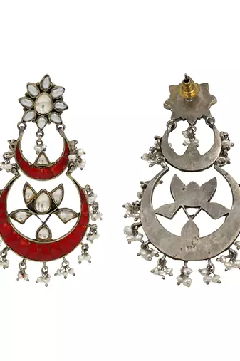 Silver plated red chandbali kundan earrings